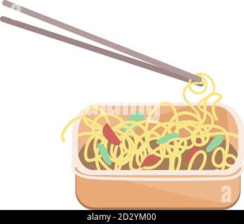 Noodle con bacchette cartoni animati illustrazione vettoriale. Cibo istantaneo in contenitore di plastica oggetto di colore piatto. Cena da asporto. Prodotto conveniente Illustrazione Vettoriale