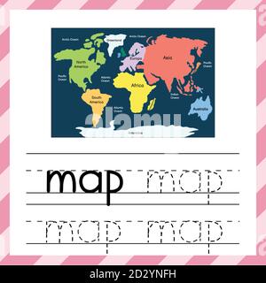 Tracciare la parola - Mappa. Foglio di lavoro didattico per bambini. Materiale per la pratica del tracciamento Illustrazione Vettoriale
