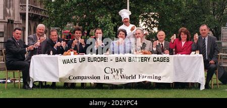 Gli MPS si trasformano in uova biologiche a gamma libera per la colazione, preparate dallo chef John Callaghan, al QEII Center di Westminster Today (Mer), mentre i parlamentari di tutte le parti sostenevano la campagna della compassione in World Farming per porre fine al sistema di gabbia a batteria per le galline. Da l a r: Vernon Coaker, Nigel Jones, Roger Gale, Tom Brake, Ivor Caplin, Jackie Ballard, Nick Palmer, Bill Etherington, Jackie Lawrence, Peter Bottomley. Vedi PA storia POLITICA uova. Foto di Tony Harris/PA Foto Stock