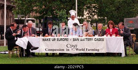 Gli MPS si trasformano in uova biologiche a gamma libera per la colazione, preparate dallo chef John Callaghan, al QEII Center di Westminster Today (Mer), mentre i parlamentari di tutte le parti sostenevano la campagna della compassione in World Farming per porre fine al sistema di gabbia a batteria per le galline. Da l a r: Norman Baker, Vernon Coaker, Nigel Jones, Roger Gale, Tom Brake, Ivor Caplin, Jackie Ballard, Nick Palmer, Bill Etherington, Jackie Lawrence, Peter Bottomley. Vedi PA storia POLITICA uova. Foto di Tony Harris/PA Foto Stock