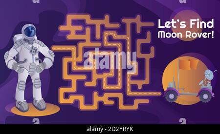 Labirinto dell'astronauta moon rover con modello di cartoni animati. Cosmonaut e moonwalker trovare labirinto percorso con la soluzione per il gioco educativo bambini Illustrazione Vettoriale