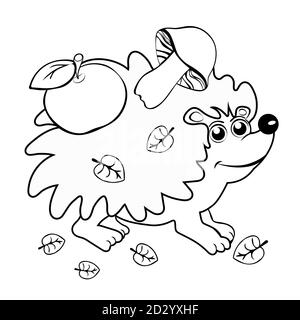 Cute hedgehog, cartoon linea di disegno a mano in bianco e nero, colorazione per bambini, silhouette. Outline animale che porta mele e funghi sulla schiena Illustrazione Vettoriale