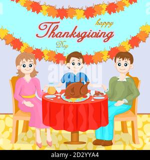 Cena di gala per la famiglia del Ringraziamento, colorato disegno a mano di cartoni animati. Mamma, papà e figlio sono seduti dietro un tavolo coperto di delizie natalizie e tacchino Illustrazione Vettoriale