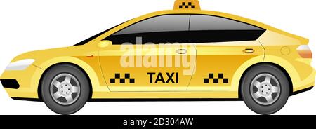 Taxi auto cartoon illustrazione vettoriale. Oggetto di colore piatto tradizionale giallo della cabina. Veicolo di servizio di viaggio in città isolato su sfondo bianco. Pubblico urbano Illustrazione Vettoriale