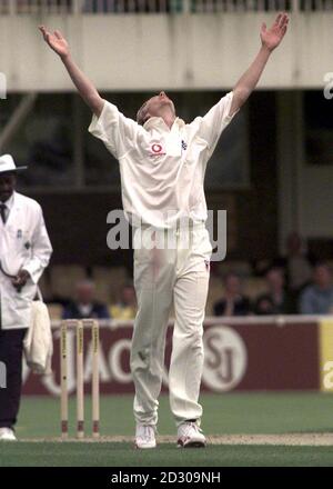 Il bowler inglese Alan Mullaly festeggia dopo aver proclamato il wicket finale degli inning neozelandesi, quello del capocannoniere Adam Parore, il primo giorno della prima prova ad Edgbaston. Foto Stock