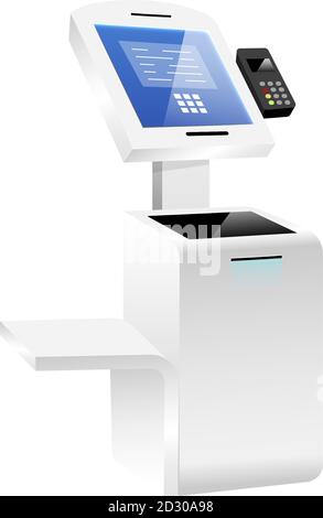 Innovativo chiosco self-order illustrazione vettoriale realistica. Sistema di pagamento interattivo oggetto a colori piatti. Struttura autoportante con touch screen Illustrazione Vettoriale