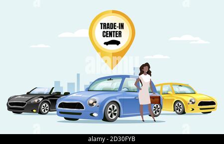 Illustrazione vettoriale centrale a colori piatti in permuta. Cliente femminile, venditore personaggio cartoon 2D con paesaggio urbano sullo sfondo. Servizio di cambio auto Illustrazione Vettoriale