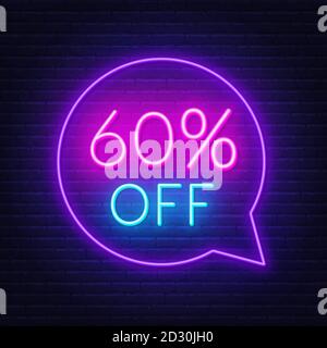 60% di sconto neon segno su sfondo muro di mattoni Illustrazione Vettoriale