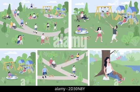 Riposa nel set di illustrazioni vettoriali a colori piatte del parco. Personaggi cartoni animati 2D godendo di attività all'aperto, relax in campagna. Parco giochi per bambini Illustrazione Vettoriale