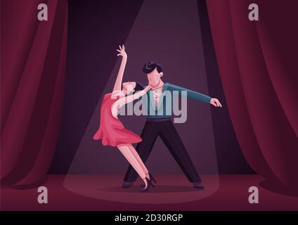 I ballerini Rumba abbaccano un'illustrazione vettoriale a colori piatti. Ballo latino-ballo concorso di danza partecipanti cartoni animati 2D. Salsa, partner argentini di tango Illustrazione Vettoriale