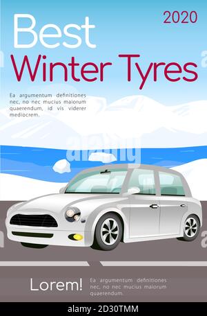 Modello vettoriale piatto per i migliori pneumatici invernali. Brochure per la manutenzione dell'auto, concept design della pagina della rivista con illustrazione dei cartoni animati. Pneumatici stagionali Illustrazione Vettoriale