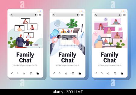 imposta le persone che hanno una riunione virtuale durante la videochiamata concetto di comunicazione family chat smartphone schermate raccolta vettoriale orizzontale illustrazione Illustrazione Vettoriale