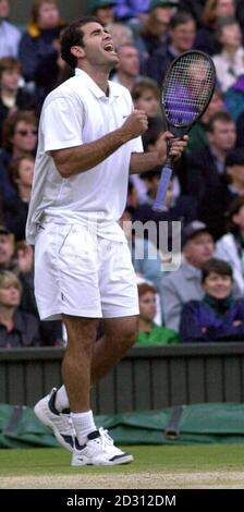 NESSUN USO COMMERCIALE: L'americano Pete Sampras celebra la sua vittoria del 6/7 7/6 6/4 6/2 su Pat Rafter australiano per vincere la finale maschile di Singles a Wimbledon. Foto Stock