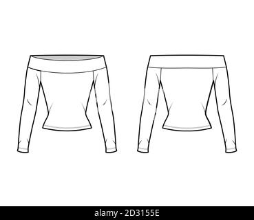 Disegno tecnico di moda con maniche lunghe e forma aderente. Capo outwear per camicia piatta, modello anteriore, posteriore, colore bianco. Donne, uomini, mockup di cimeria unisex Illustrazione Vettoriale