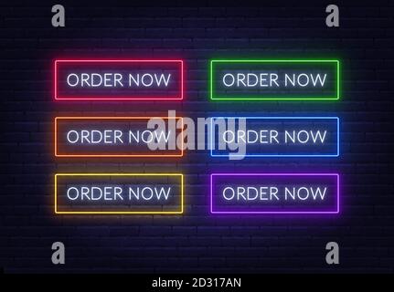 Ordina ora il cartello al neon su sfondo mattone. Pulsanti di illuminazione multicolore. Illustrazione Vettoriale