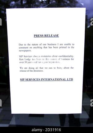 Un comunicato stampa nella finestra delle indagini SIP nella parte orientale di Londra, che è al centro delle accuse di violazione del diritto cubano. Ken Lodge, un membro della società e sei altri cittadini britannici sono detenuti dalle autorità cubane il Ministero degli Affari Esteri ha confermato. * il gruppo si è tenuto per 17 giorni senza accesso ai diplomatici britannici. Le autorità cubane stanno esaminando le accuse di essere state assunte in occasione di un'indagine privata su un caso di infedeltà coniugale che coinvolgesse un cittadino cubano, per il quale utilizzavano metodi in violazione della legge cubana. Foto Stock
