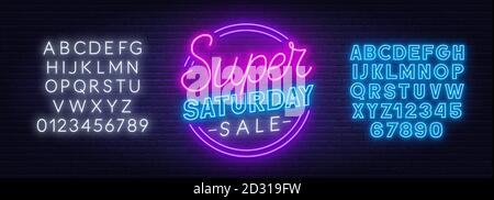 Super Sabato Vendita neon segno su sfondo muro di mattoni. Modello di sconto. Illustrazione Vettoriale