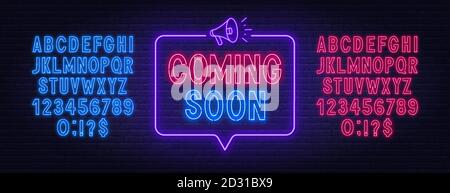 In arrivo segno neon in discorso bolla cornice con megafono. Alfabeti al neon rossi e blu. Illustrazione Vettoriale