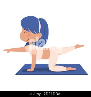 Carino ragazza cartone animato facendo esercizi di yoga. Illustrazione vettoriale. Illustrazione Vettoriale