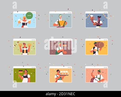 Set mix gara persone che celebrano Oktoberfest festival uomini donne in finestre del browser web con divertente immagine vettoriale orizzontale verticale Illustrazione Vettoriale