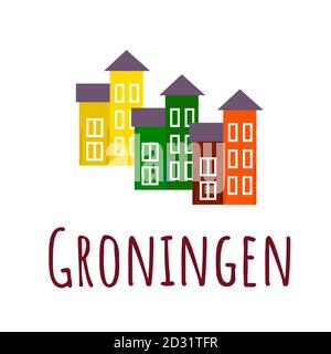 Groningen case vicino a Marina. Piccoli edifici colorati con scritte con il nome della città. Illustrazione vettoriale cartoon. Illustrazione Vettoriale