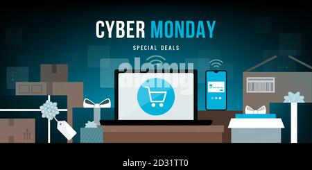 Offerta promozionale online per il Cyber monday: E-shopping su notebook e smartphone circondato da un sacco di scatole di consegna e regali Illustrazione Vettoriale