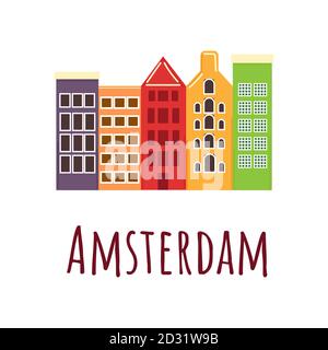 Tipici edifici di Amsterdam colorati con colori luminosi. Illustrazione vettoriale in stile piatto. Illustrazione Vettoriale