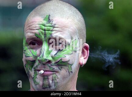 Un Cannabis Freedom Festival-goer con marijuana foglia faccia-vernice, tirando su un giunto, a Brockwell Park, Brixton, Londra, una zona in cui la polizia deve introdurre un controverso schema di dare solo un avvertimento formale alle persone trovate con una piccola quantità di droga. *...la nuova politica radicale inizia il 2 luglio e consentirà alla polizia di destinare le proprie risorse alla lotta contro le droghe più dure come la cocaina crack. 22/11/02 l'uso frequente di cannabis aumenta il rischio di sviluppare depressione e schizofrenia in una vita successiva, secondo tre nuovi studi pubblicati. Autori degli studi, da Austral Foto Stock