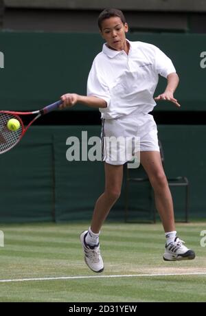 NESSUN USO COMMERCIALE: David Rice del Buckinghamshire partecipa a una mostra di abilità di tennis sul Centre Court prima del gioco della giornata al 2001 Lawn Tennis Championships a Wimbledon, Londra. Foto Stock