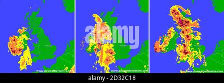 Immagini radar meteo - scattate alle 0300, 0500 e 0730 - dal PA Weather Center che mostra le precipitazioni che si muovono sulle isole britanniche. Si prevedeva che raffiche fino a 80 km/h battessero l'Irlanda del Nord e la Scozia nordoccidentale, con forti venti dovuti in altre parti del Regno Unito. Secondo i previsori, il clima umido dovrebbe durare bene fino all'inizio della settimana successiva e la polizia ha avvertito gli automobilisti di prestare maggiore attenzione sulle strade e di viaggiare solo su viaggi essenziali quando i venti sono al loro picco. Foto Stock