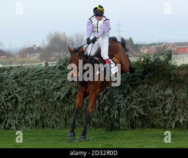 Ardente Scout guidato da Dominic Elsworth saltare la recinzione finale sulla loro strada per la vittoria nel Tote Becher Chase sul Grand National recinzioni a Aintree a Liverpool. Foto Stock