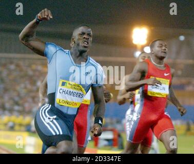 La britannica Dwain Chambers vince i 100 metri, durante il Norwich Union London Grand Prix a Crystal Palace, Londra. Foto Stock