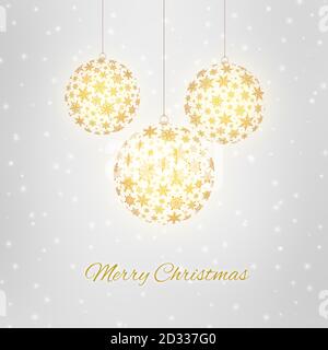 Cartolina decorativa di auguri natalizi con palle natalizie e fiocchi di neve Foto Stock
