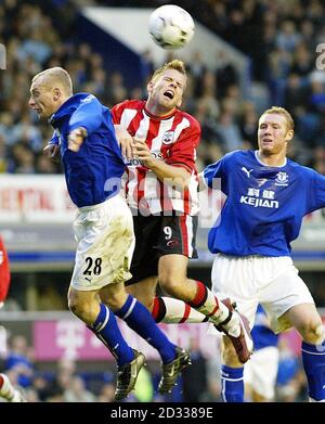 James Beattie di Southampton (centro) combatte per la palla contro Tony Hibbert di Everton (a sinistra) e Steve Watson durante la loro partita di Barclaycard Premiership al Goodison Park di Liverpool. Everton ha disegnato il 0-0 con Southampton. QUESTA IMMAGINE PUÒ ESSERE UTILIZZATA SOLO NEL CONTESTO DI UNA FUNZIONE EDITORIALE. NESSUN UTILIZZO DI SITI WEB/INTERNET A MENO CHE IL SITO NON SIA REGISTRATO PRESSO LA FOOTBALL ASSOCIATION PREMIER LEAGUE. Foto Stock