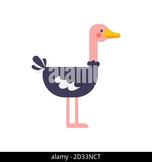 Cute Ostrich in stile piatto isolato su sfondo bianco. Illustrazione vettoriale. Struzzo cartoon. Animale zoo africano Illustrazione Vettoriale