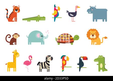 Insieme di popolari animali tropicali vettoriali colorati e uccelli Illustrazione Vettoriale