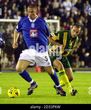 Carlos Ferrari di Birmingham City (a sinistra) in azione contro Tony Butler di West Bromwich Albion durante la partita di Nationwide Division uno tra Birmingham City e West Bromwich Albion a St Andrews, Birmingham. QUESTA IMMAGINE PUÒ ESSERE UTILIZZATA SOLO NEL CONTESTO DI UNA FUNZIONE EDITORIALE. NESSUN UTILIZZO NON UFFICIALE DEL SITO WEB DEL CLUB. Foto Stock