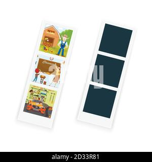 Un insieme di varie foto nella cornice fotografica. Foto dallo stand. Illustrazione vettoriale in stile piatto isolata su bianco Illustrazione Vettoriale