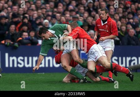 David Wallace, irlandese, attraversa la difesa gallese durante la partita dei Lloyds TSB 6 Nations a Lansdowne Road. Foto Stock