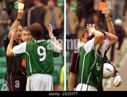 (Foto a sinistra) Paco Luna di Hibernian riceve la sua seconda carta gialla dall'arbitro Hugh Dallas (foto a destra) seguita dalla carta rossa per una mano di Dio in stile Maradona durante la partita della Bank of Scotland Premier League allo stadio Easter Road di Hibernian, Edimburgo, Scozia. Foto Stock