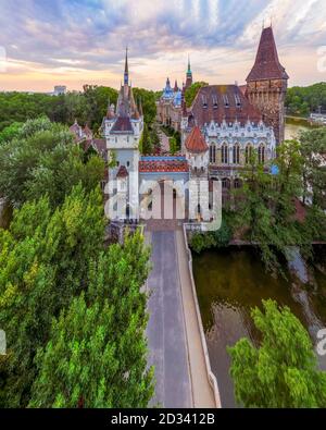 Lago galleggiante nel parco cittadino di Budapest. Vajdahunyad castello sullo sfondo. Le luci sono stupende al mattino e la vista panoramica Foto Stock
