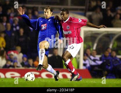 Kenny Cunningham di Birmingham City (a sinistra) in azione contro Kevin Lisbie di Charlton Athletic durante la loro partita di premiership fa Barclaycard al Birmingham St Andrews Ground. NEL CONTESTO DI UNA FUNZIONE EDITORIALE. NESSUN UTILIZZO DI SITI WEB/INTERNET A MENO CHE IL SITO NON SIA REGISTRATO PRESSO LA FOOTBALL ASSOCIATION PREMIER LEAGUE. Foto Stock