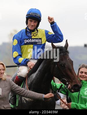 Sam Twiston-Davies entra nel recinto dei vincitori su Caid Du Berlais dopo aver vinto la Paddy Power Gold Cup Steeple Chase durante il secondo giorno dell'Open all'ippodromo di Cheltenham. Foto Stock