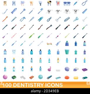 100 set di icone odontoiatriche. Illustrazione cartoon di 100 icone odontoiatriche vettore insieme isolato su sfondo bianco Illustrazione Vettoriale