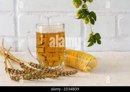 Tazza di vetro di birra con patatine, spighe di orzo e un ramo di luppolo su sfondo bianco. Foto Stock