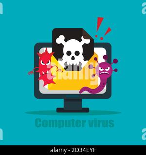 Computer portatile con busta e cranio sullo schermo. Concetto di virus, pirateria, hacking e sicurezza. Illustrazione vettoriale piatta Illustrazione Vettoriale