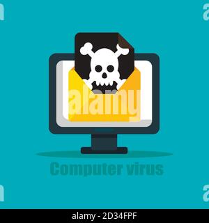 Computer portatile con busta e cranio sullo schermo. Concetto di virus, pirateria, hacking e sicurezza. Illustrazione vettoriale piatta Illustrazione Vettoriale
