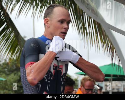 Gran Bretagna Chris Froome dopo la finitura in medaglia di bronzo nella posizione di uomini della strada cyling singole prove cronometrate il quinto giorno del Rio Giochi Olimpici, Brasile. Foto Stock