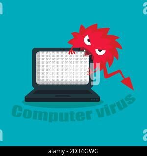 Un virus che distrugge un computer portatile. Computer sotto la minaccia di un virus, il virus mangia il sistema. Illustrazione vettoriale Illustrazione Vettoriale