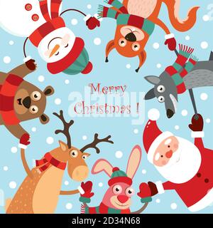 Collezione natalizia con animali carini nella danza: Lepre, cervi, orso, pupazzo di neve, scoiattolo, lupo, Babbo Natale. Biglietto d'auguri. Vettore. Illustrazione Vettoriale